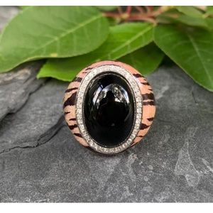 Vintage Sterling Silver Black Onyx Tiger Print Enamel Rhinestone Ring Size 7.25